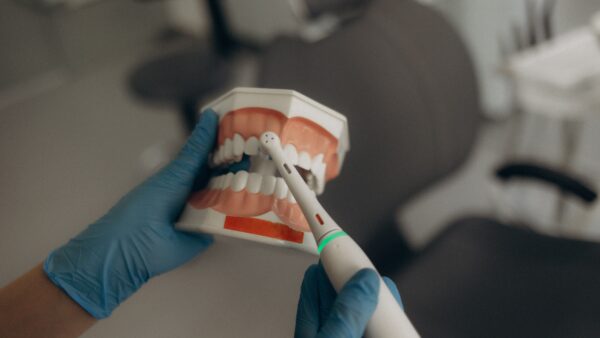 Close-up of a dental model held by gloved hands while a dental tool is used near the teeth, illustrating a dental exam/teaching scene